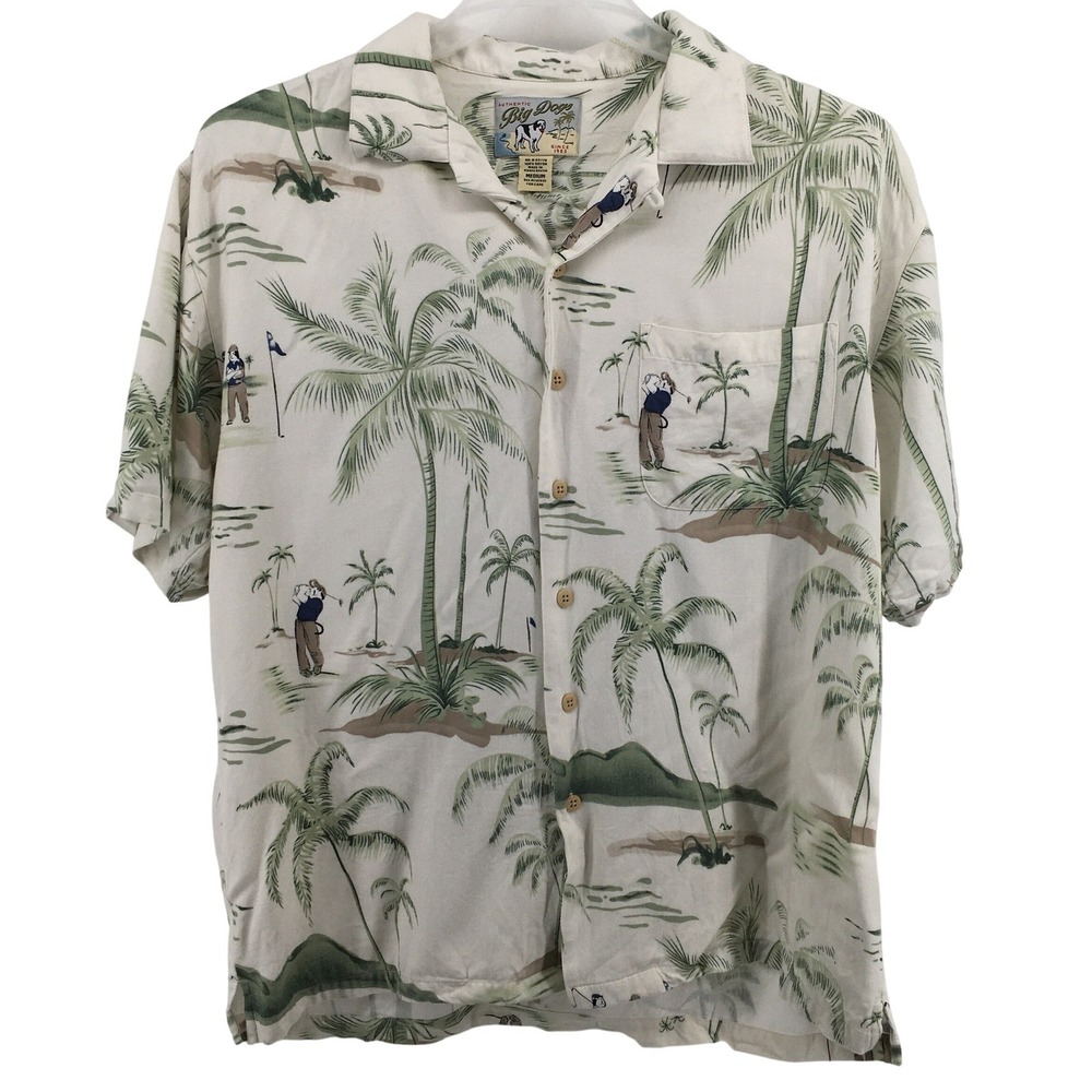 Big Dogs Hawaiian‎ Shirt Mens Med Cream Tropical Golf Palm Tree Rayon Button Up - Picture 2 of 9